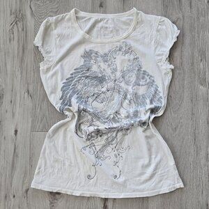 Y2K fairy silver metallic graphic print white tissue t-shirt | WMS M